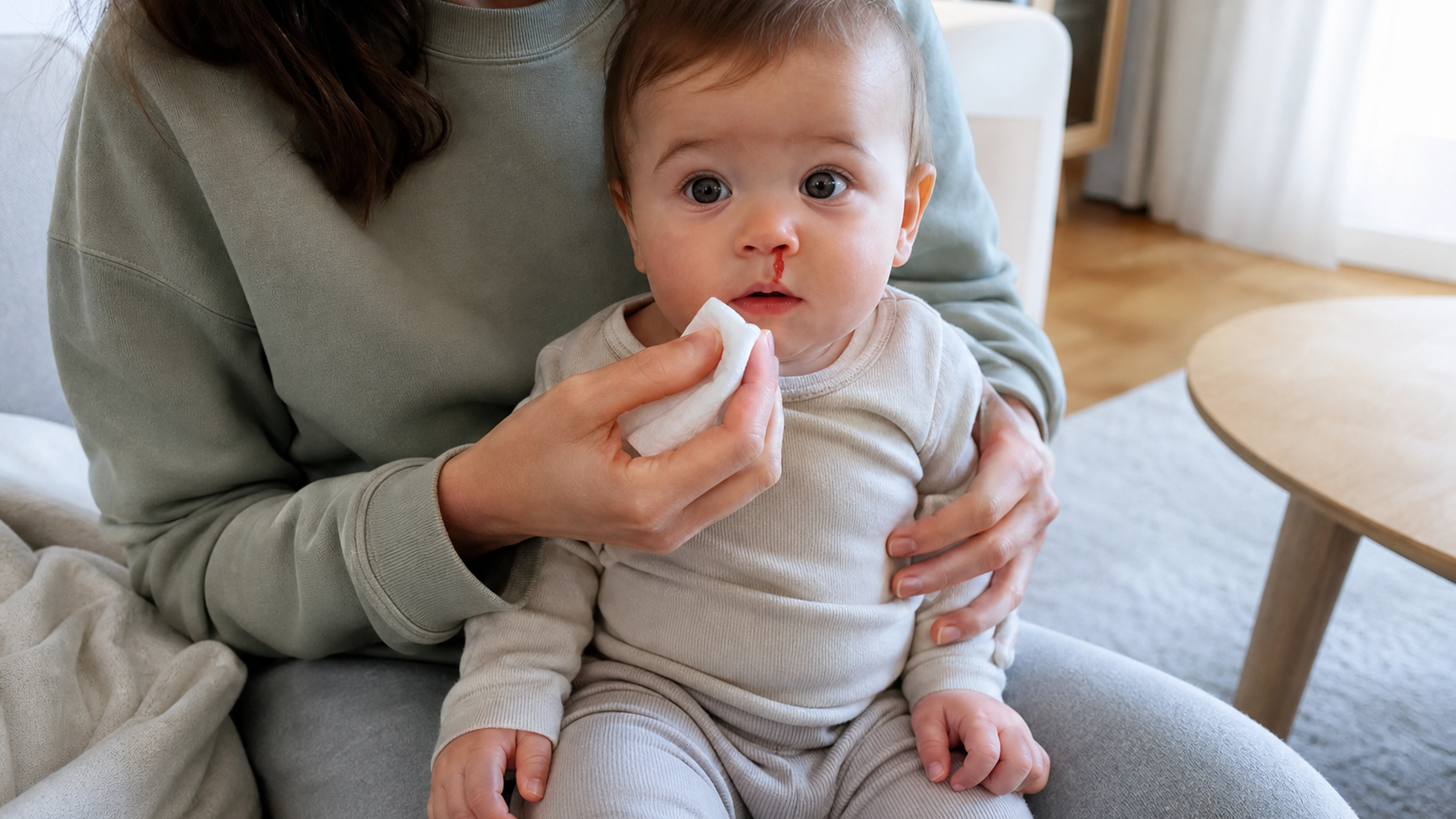 Illustration éditoriale pour l’article « Bébé saigne du nez après un coup : les bons gestes à suivre »