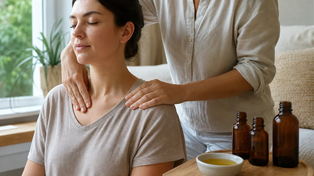 Illustration éditoriale pour l’article « Massage et huiles essentielles pour soulager une bronchite »