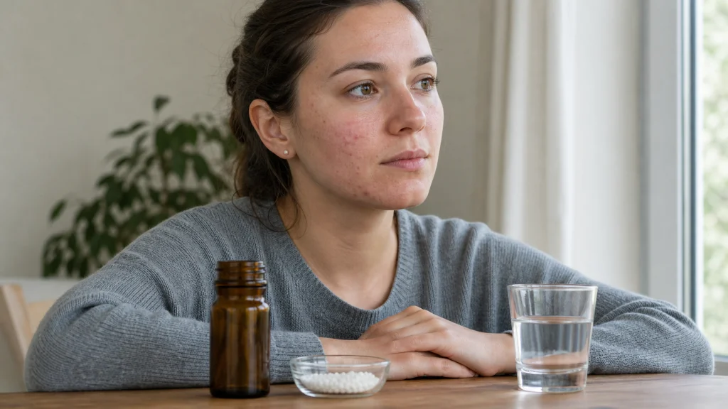 Illustration éditoriale pour l’article « Acné adulte et homéopathie : votre solution naturelle »