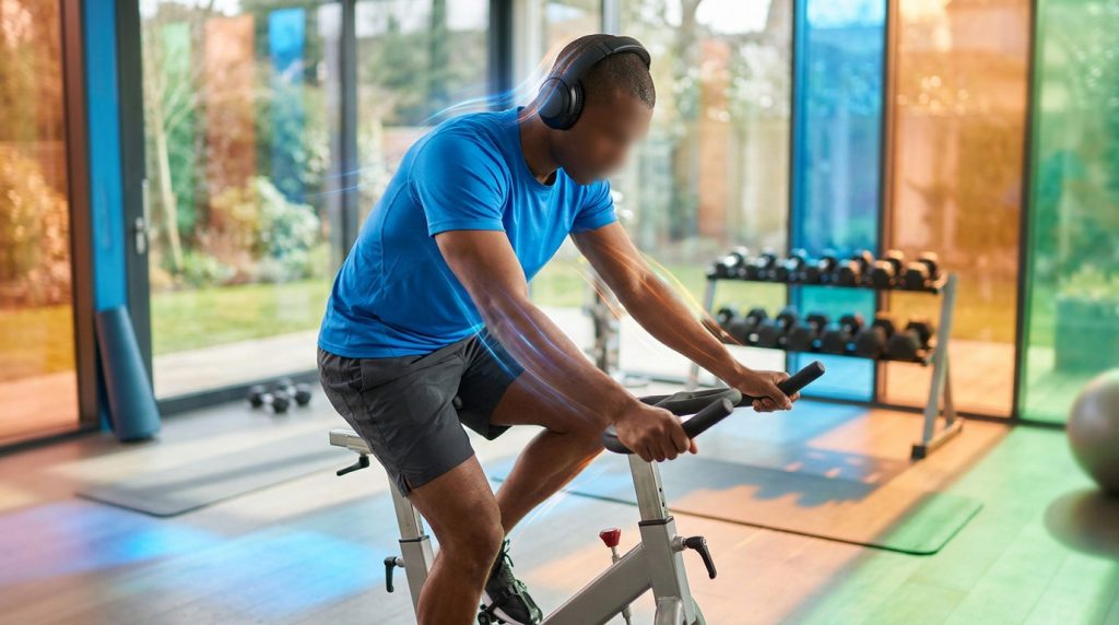 Homme faisant du vélo d'appartement avec un casque audio dans une salle de sport lumineuse aux vitres colorées.