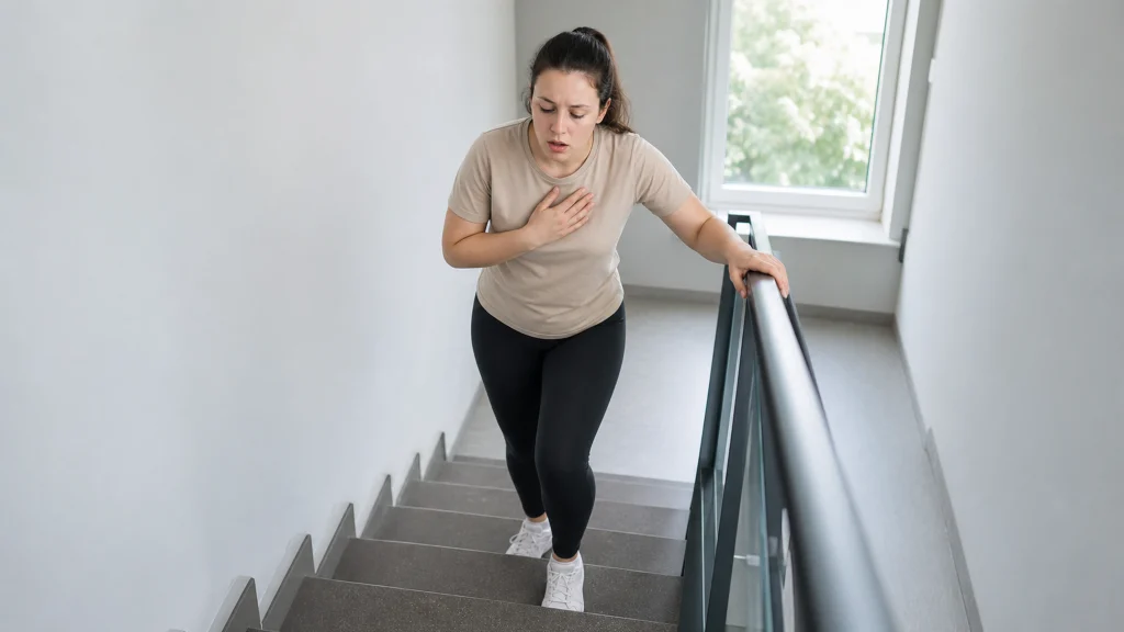 Illustration éditoriale pour l’article « Pourquoi fatigue monter escaliers : les causes et solutions »