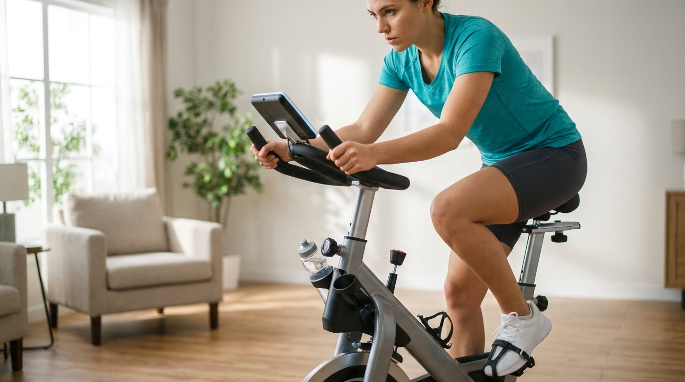 Une femme en tenue de sport fait du vélo d'appartement dans un salon lumineux.