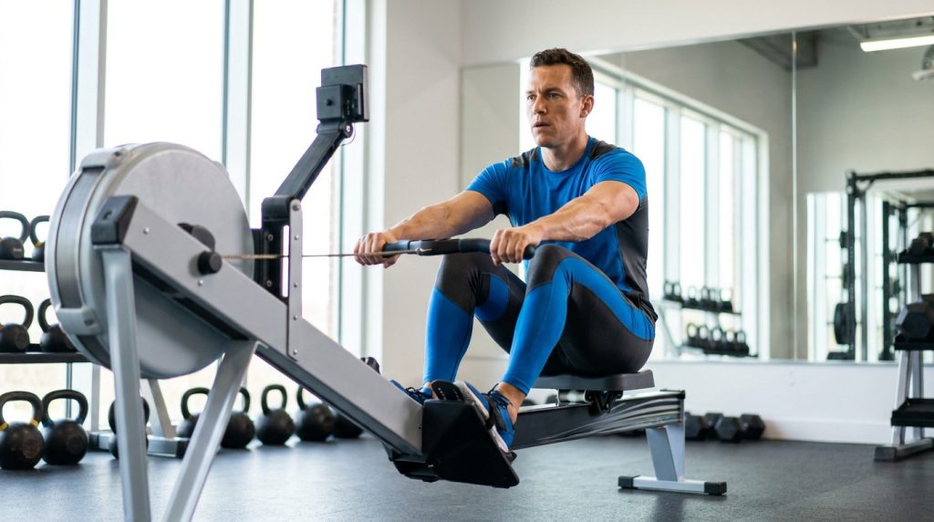 Un homme en tenue de sport s'entraîne avec détermination sur un rameur dans une salle de sport lumineuse.