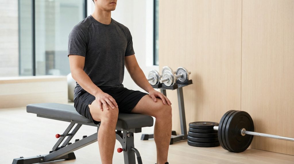 Un homme est assis en position droite sur un banc de musculation dans une salle de sport lumineuse.