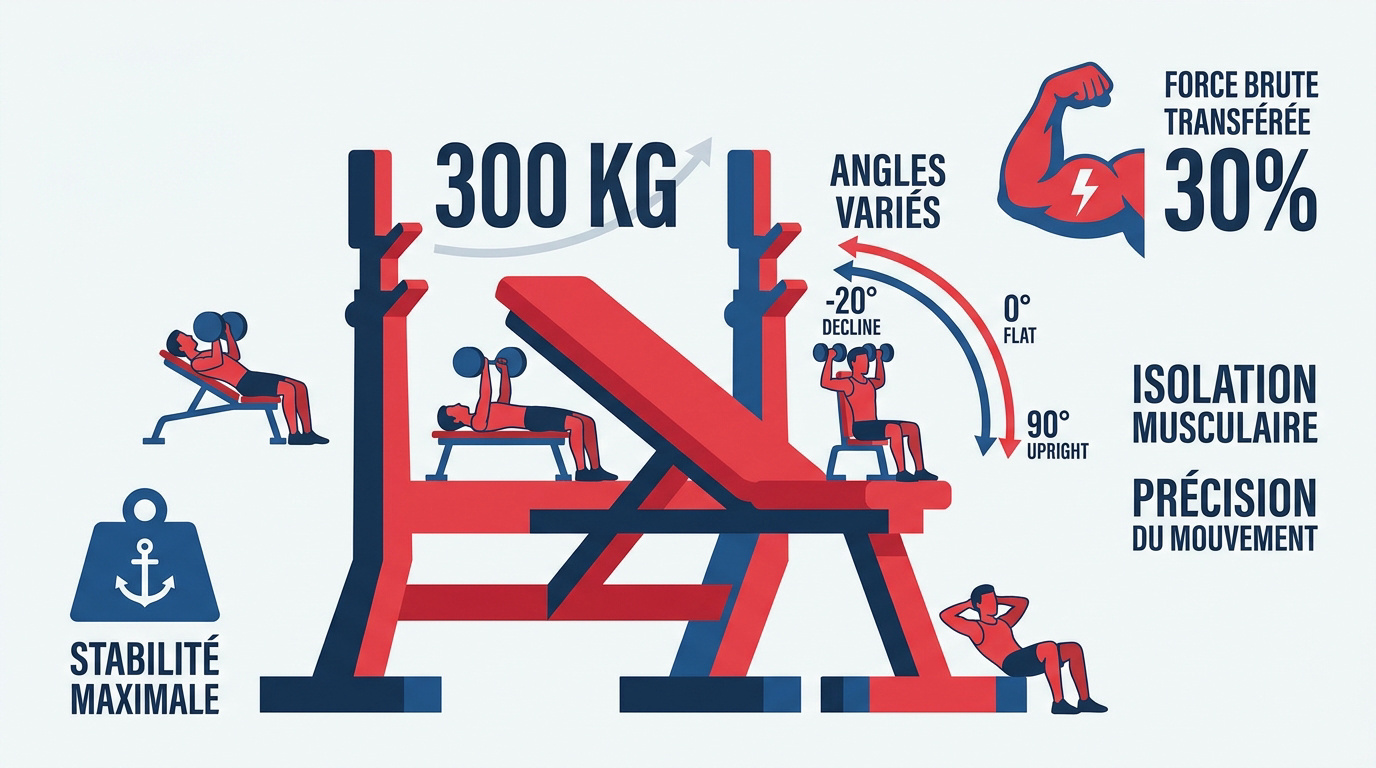 Infographie présentant les avantages et la polyvalence d'un banc de musculation robuste