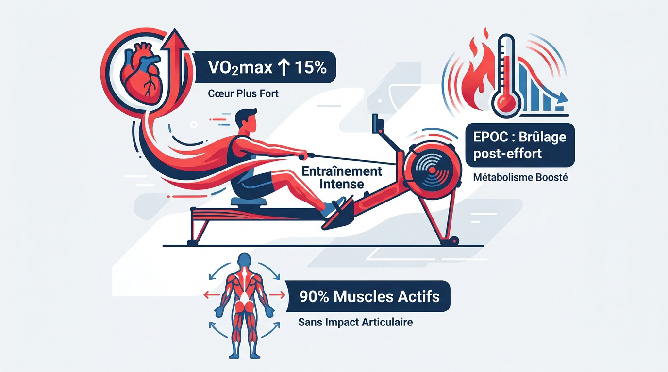Séance de rameur fractionné intense pour le renforcement musculaire et le cardio