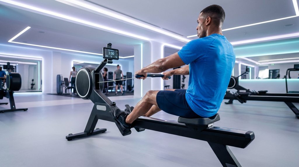 Un homme en t-shirt bleu s'entraîne intensivement sur un rameur dans une salle de sport moderne et lumineuse.