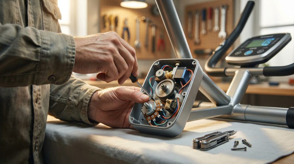 Une personne utilisant un tournevis pour réparer le boîtier électronique d'un vélo d'appartement dans un atelier.