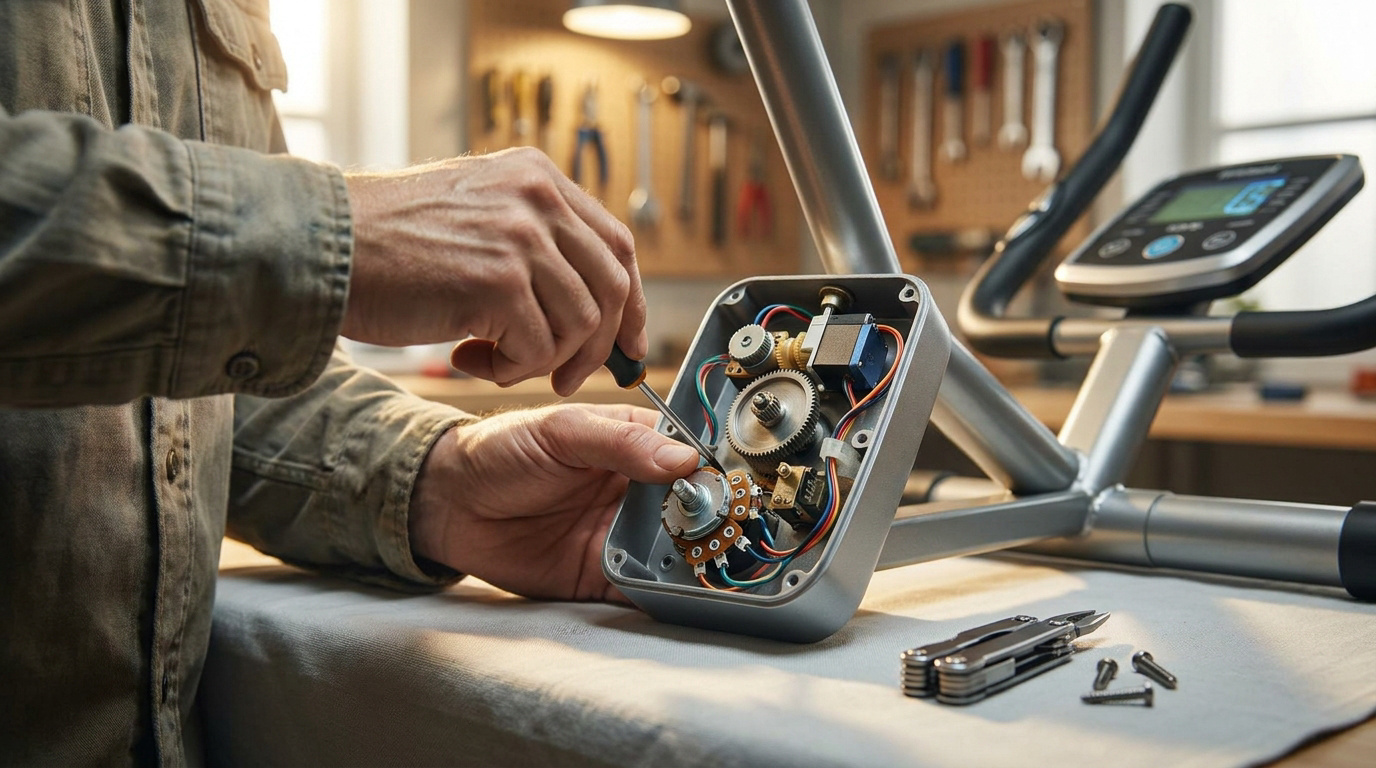 Une personne utilisant un tournevis pour réparer le boîtier électronique d'un vélo d'appartement dans un atelier.