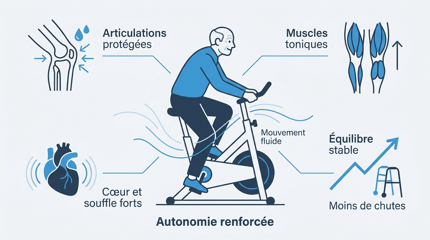 Senior pratiquant le vélo d'appartement pour sa santé cardiovasculaire