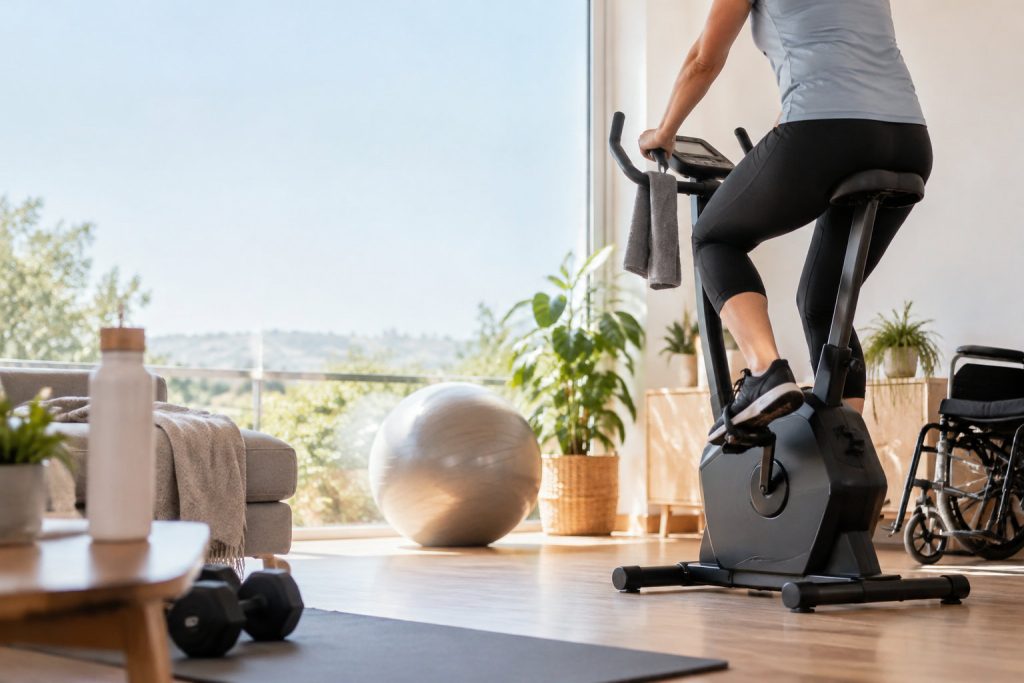 Personne utilisant un vélo d'appartement à domicile avec un fauteuil roulant visible à proximité.