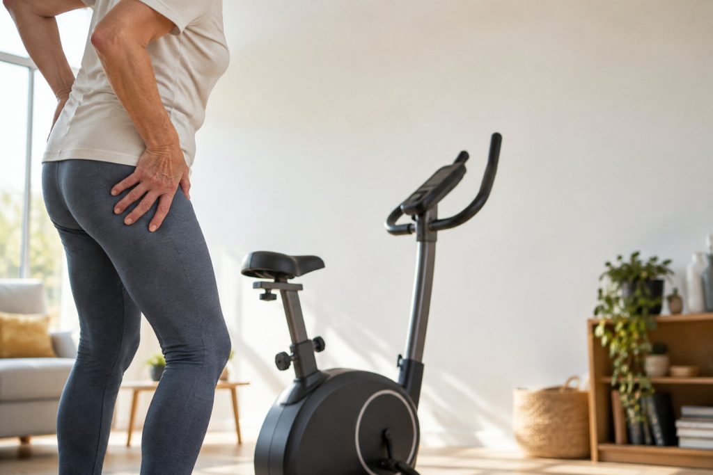 Une femme debout devant un vélo d'appartement tenant sa hanche, exprimant une gêne liée à l'arthrose.
