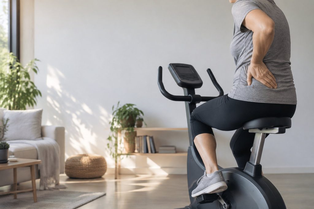 Une femme assise sur un vélo d'appartement tenant son bas du dos avec la main, suggérant une douleur ou une gêne.