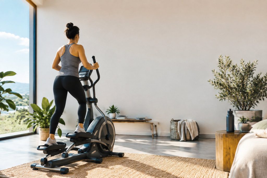 Une femme sportive s'entraîne sur un vélo elliptique dans un salon lumineux avec vue sur la nature.