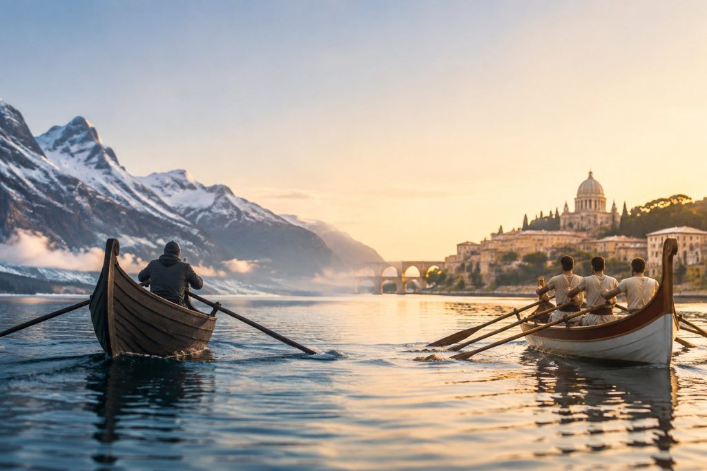 Un drakkar viking et une galère romaine naviguant l'un vers l'autre sur un lac au coucher du soleil.