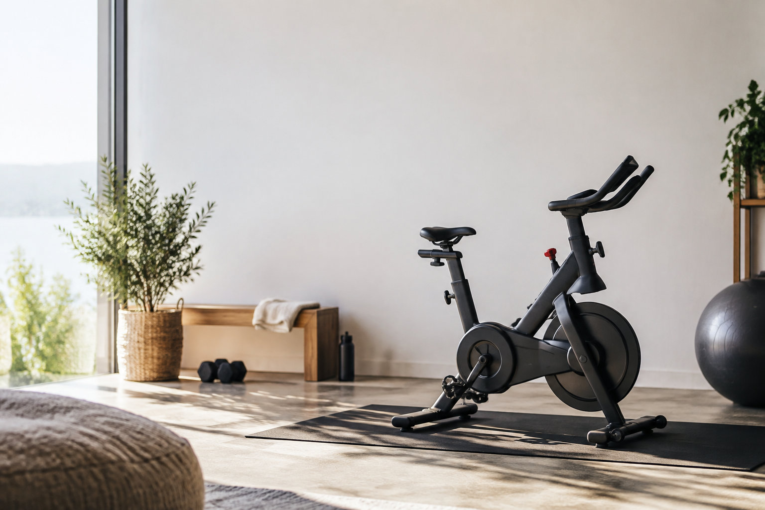 Vélo de cycling noir sur un tapis de sol dans une pièce lumineuse avec des plantes et des haltères en arrière-plan.