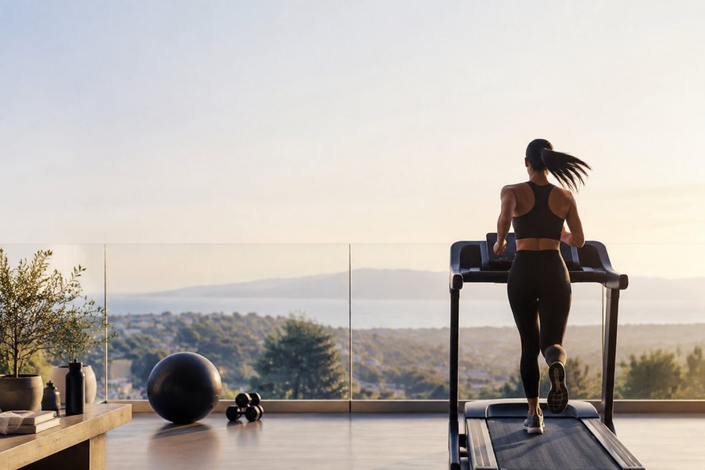 Femme athlétique courant sur un tapis de course sur une terrasse avec vue panoramique au lever du soleil.