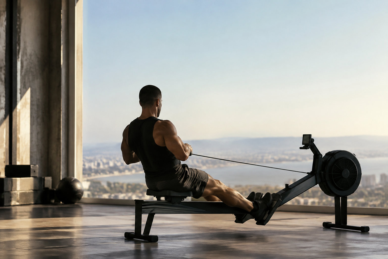 Un homme musclé s'entraîne sur un rameur face à une immense baie vitrée avec une vue panoramique sur une ville.