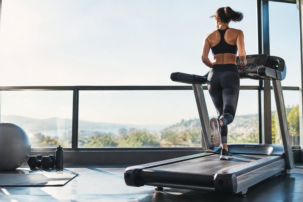 Une femme athlétique court sur un tapis de course dans une salle de sport lumineuse avec une vue panoramique.