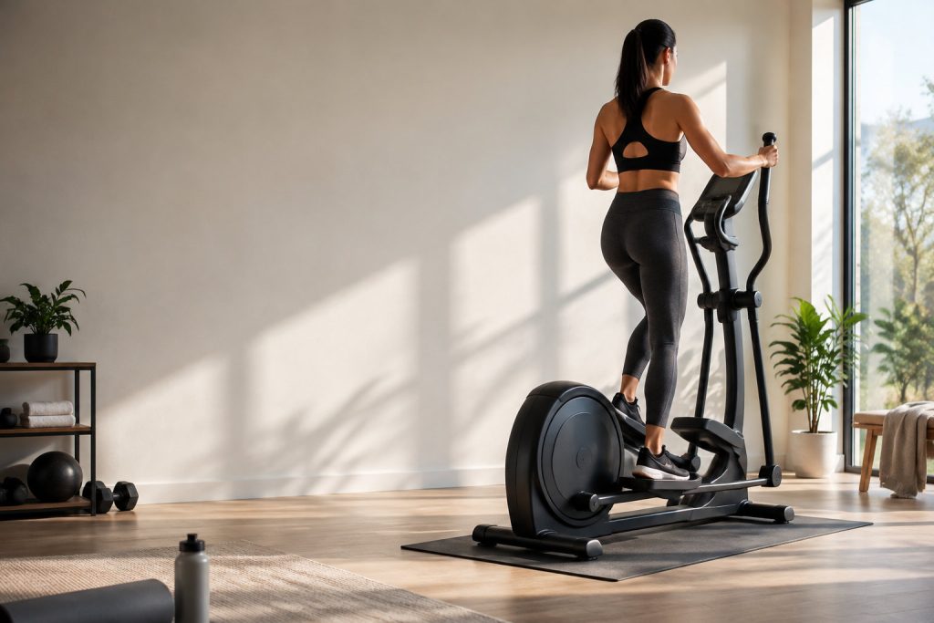 Femme sportive pratiquant le vélo elliptique dans une salle de sport lumineuse et moderne.