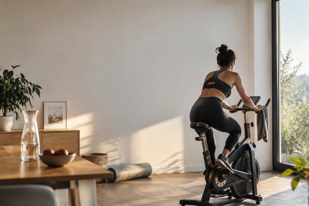 Une femme sportive fait du vélo d'appartement à la maison, devant une baie vitrée, dans une lumière matinale douce.