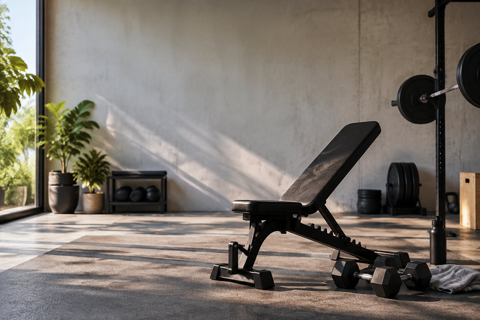 Banc de musculation inclinable noir dans une salle de sport moderne et lumineuse avec des haltères au sol.