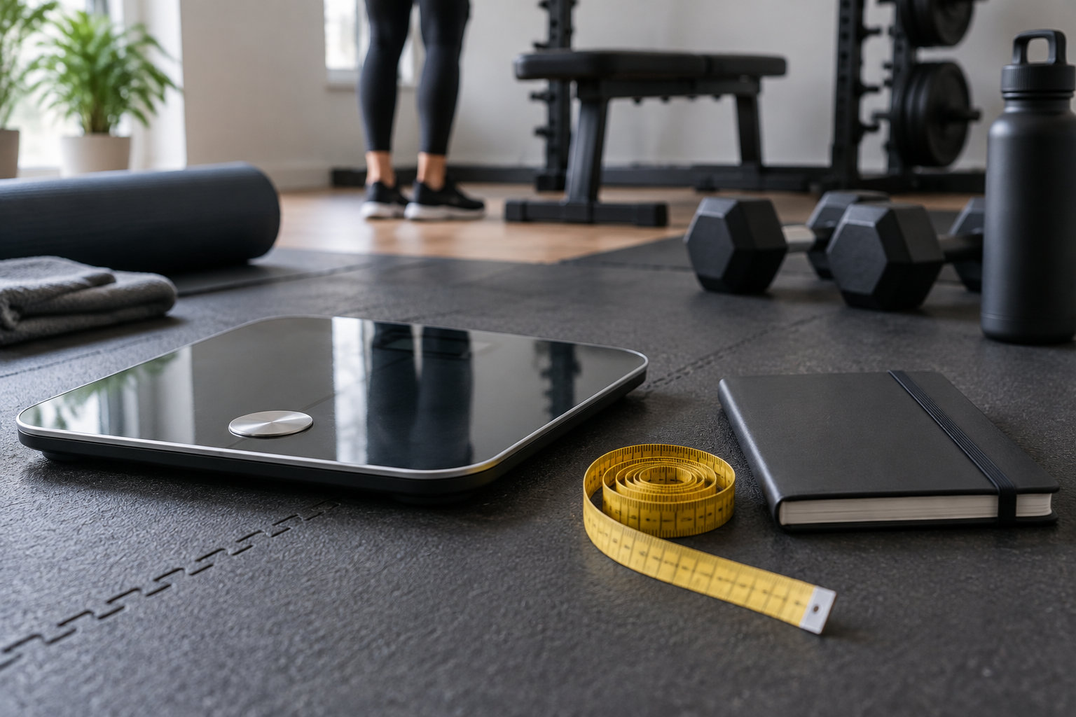 Une balance, un mètre ruban jaune et un carnet sont posés sur un tapis de gym, avec des haltères et une personne en arrière-plan.