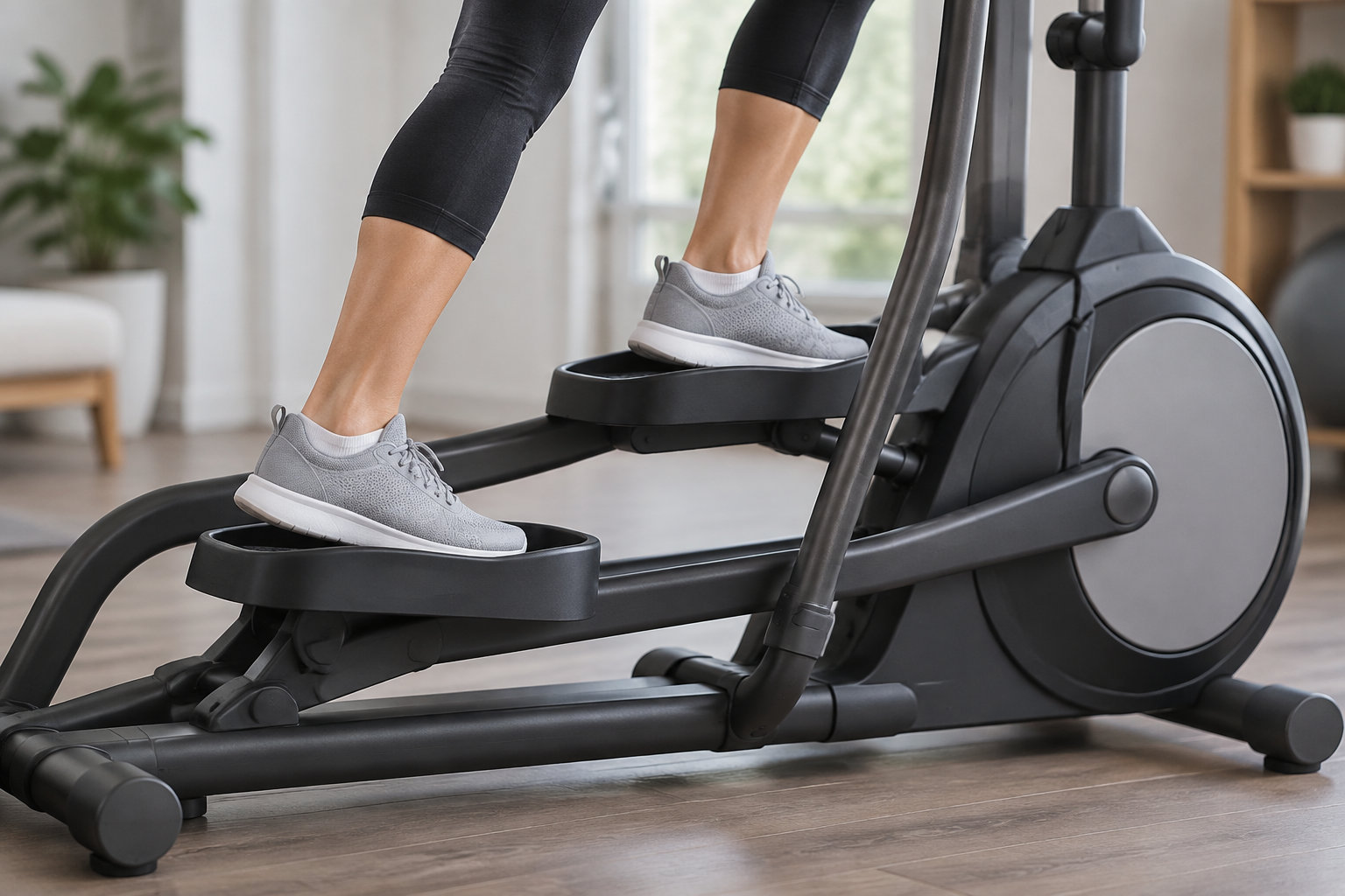 Une personne en leggings et chaussures de sport utilise un vélo elliptique dans une pièce lumineuse.