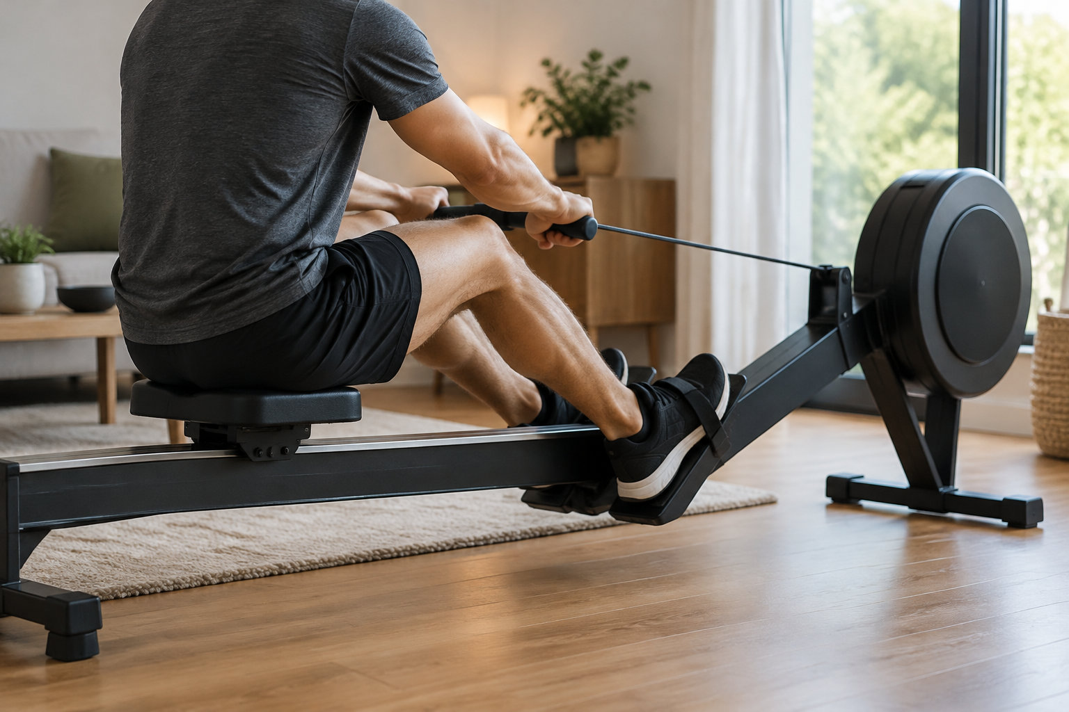 Un homme en tenue de sport rame sur un appareil installé dans un salon lumineux.