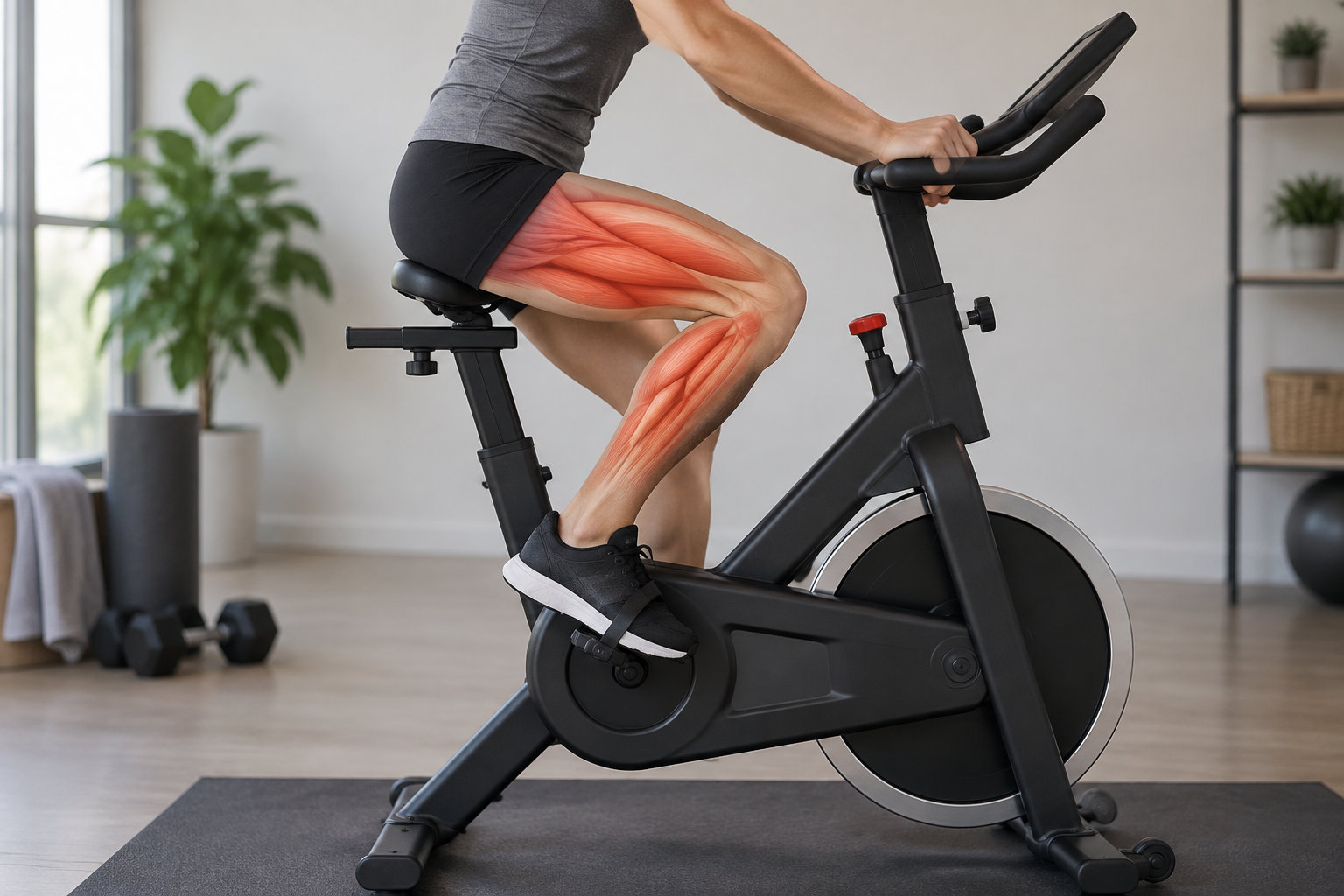 Une personne pédale sur un vélo d’intérieur, avec les muscles de la cuisse et du mollet mis en évidence en rouge.