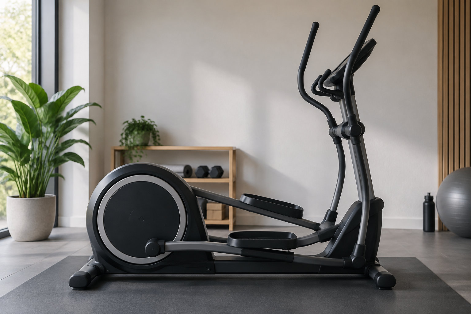 Un vélo elliptique noir est posé sur un tapis dans une pièce lumineuse aménagée avec des plantes, des haltères et un ballon de fitness.