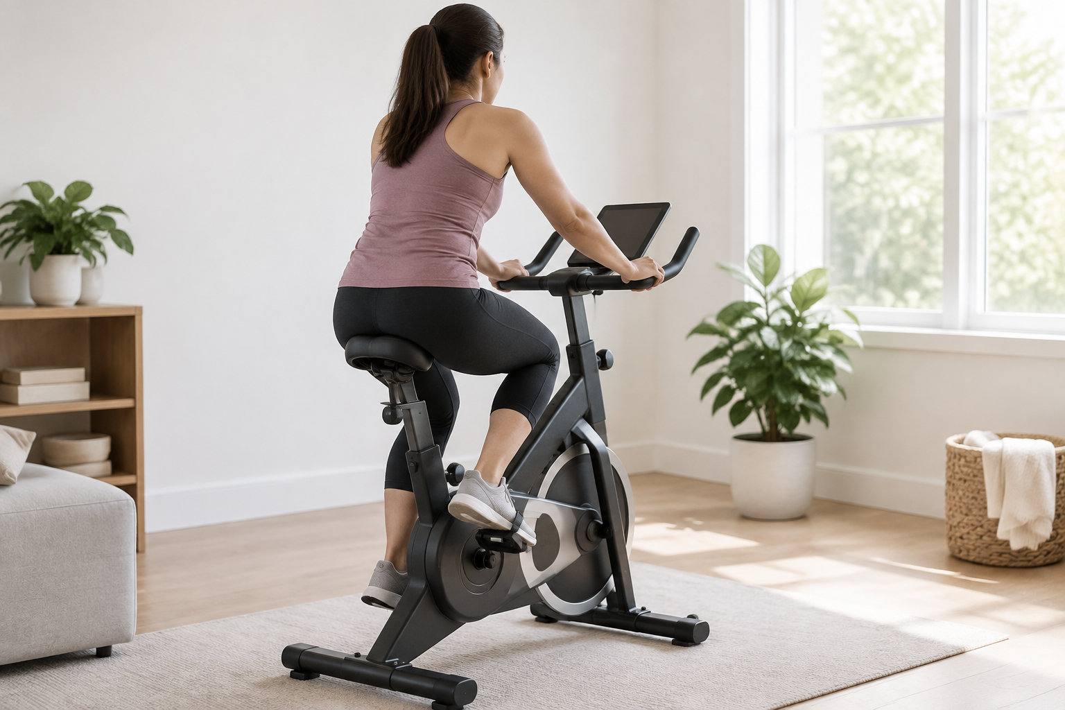 Une femme pédale sur un vélo d’appartement dans un salon lumineux, près d’une fenêtre et de plantes vertes.