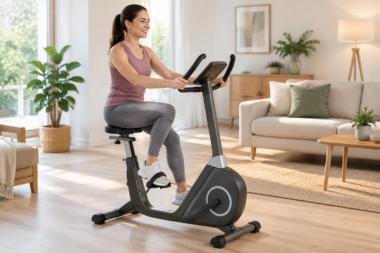 Une femme souriante pédale sur un vélo d’appartement dans un salon lumineux.