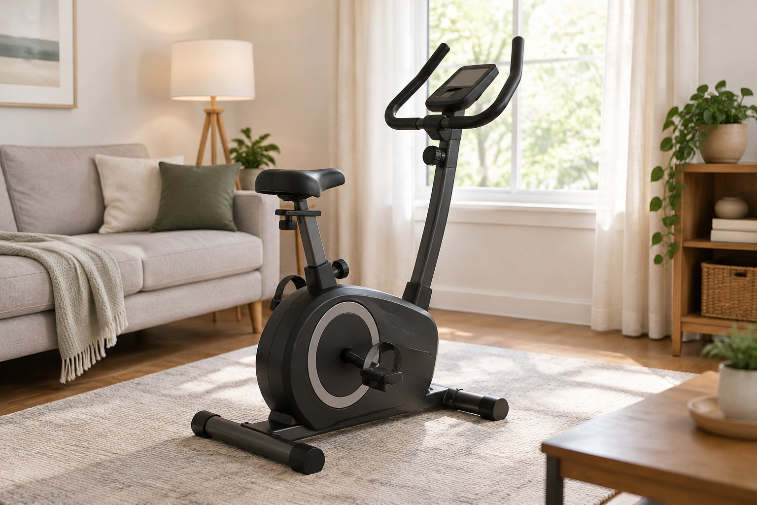 Un vélo d’appartement noir est installé sur un tapis dans un salon lumineux, près d’un canapé et d’une fenêtre.