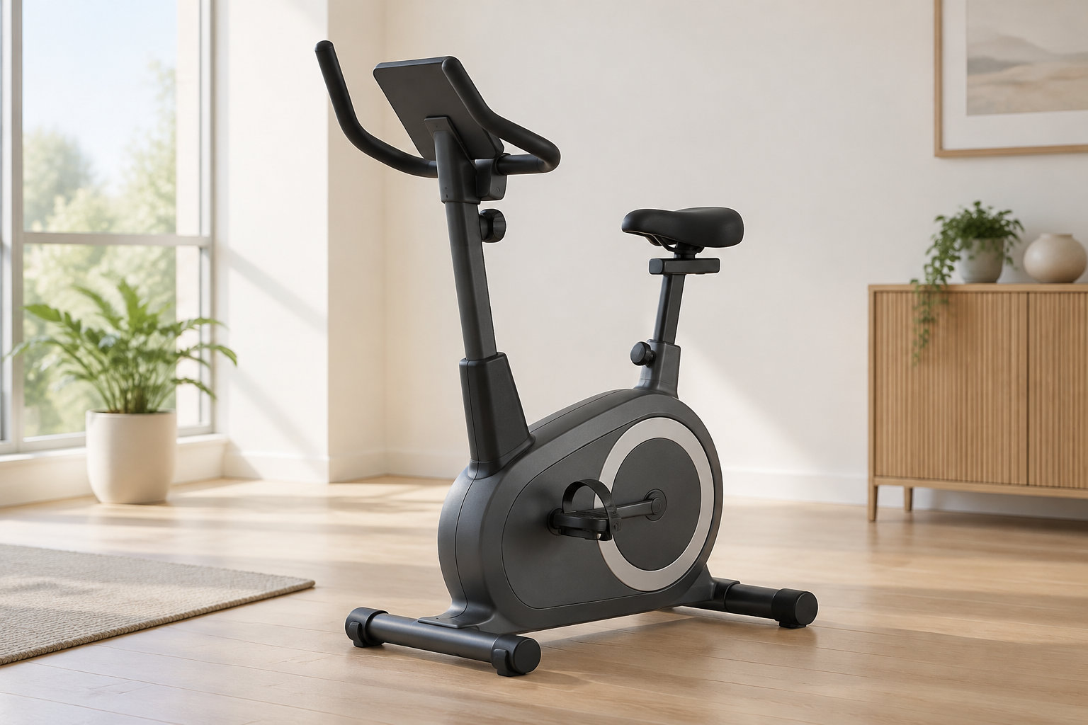 Un vélo d’appartement noir est posé sur un parquet dans une pièce lumineuse, près d’une fenêtre, d’un tapis et d’un meuble en bois.
