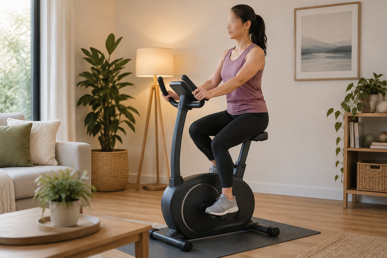 Une femme pédale sur un vélo d’appartement dans un salon lumineux.
