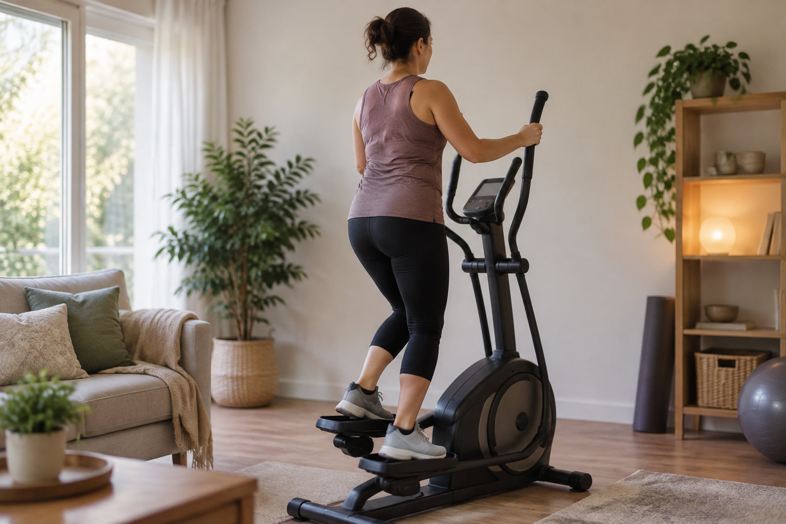 Une femme s’entraîne sur un vélo elliptique dans un salon lumineux décoré de plantes.