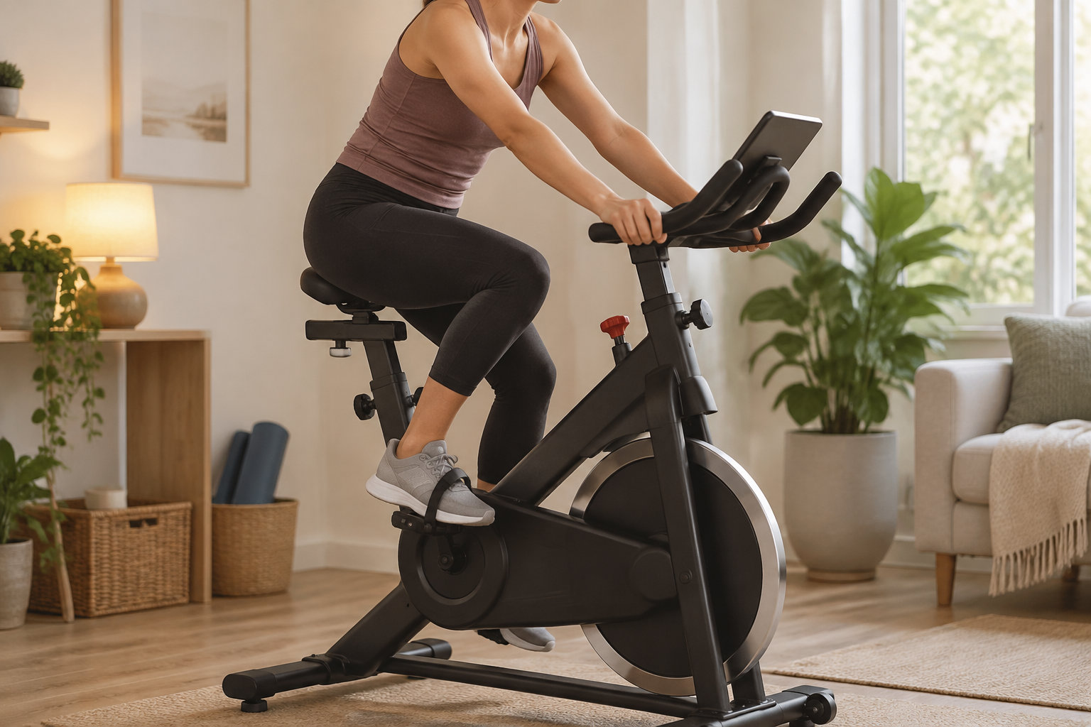 Une femme en tenue de sport pédale sur un vélo d’intérieur dans un salon lumineux.