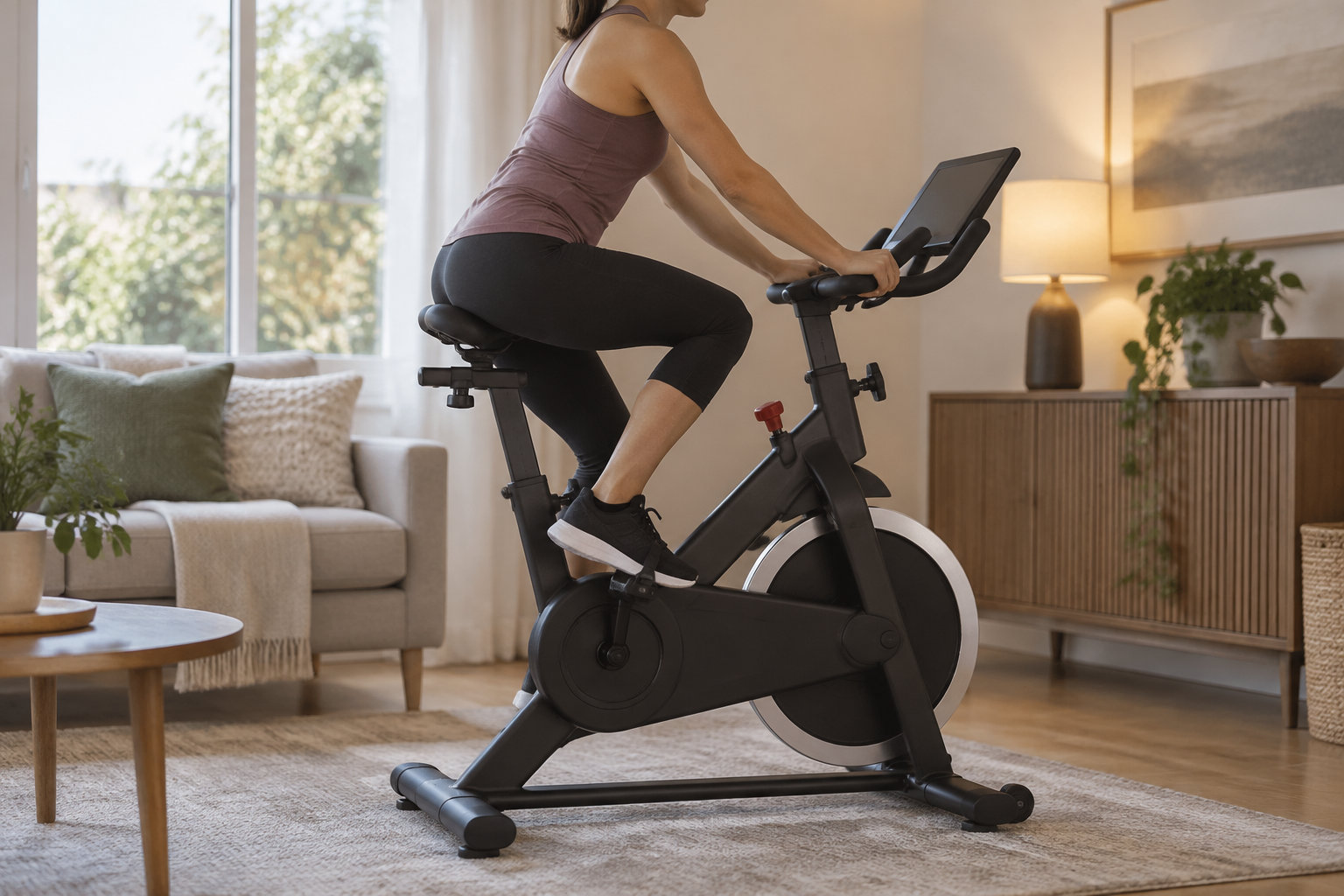 Une femme pédale sur un vélo d’appartement dans un salon lumineux.