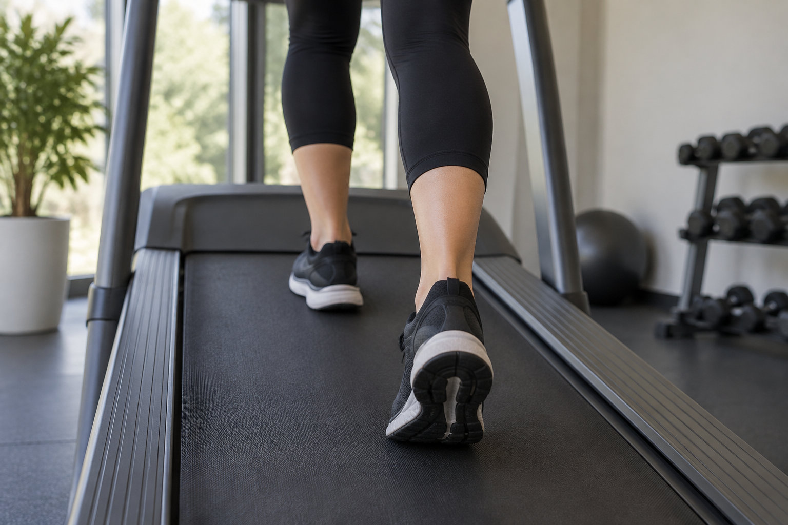 Une personne marche sur un tapis roulant dans une salle de sport.