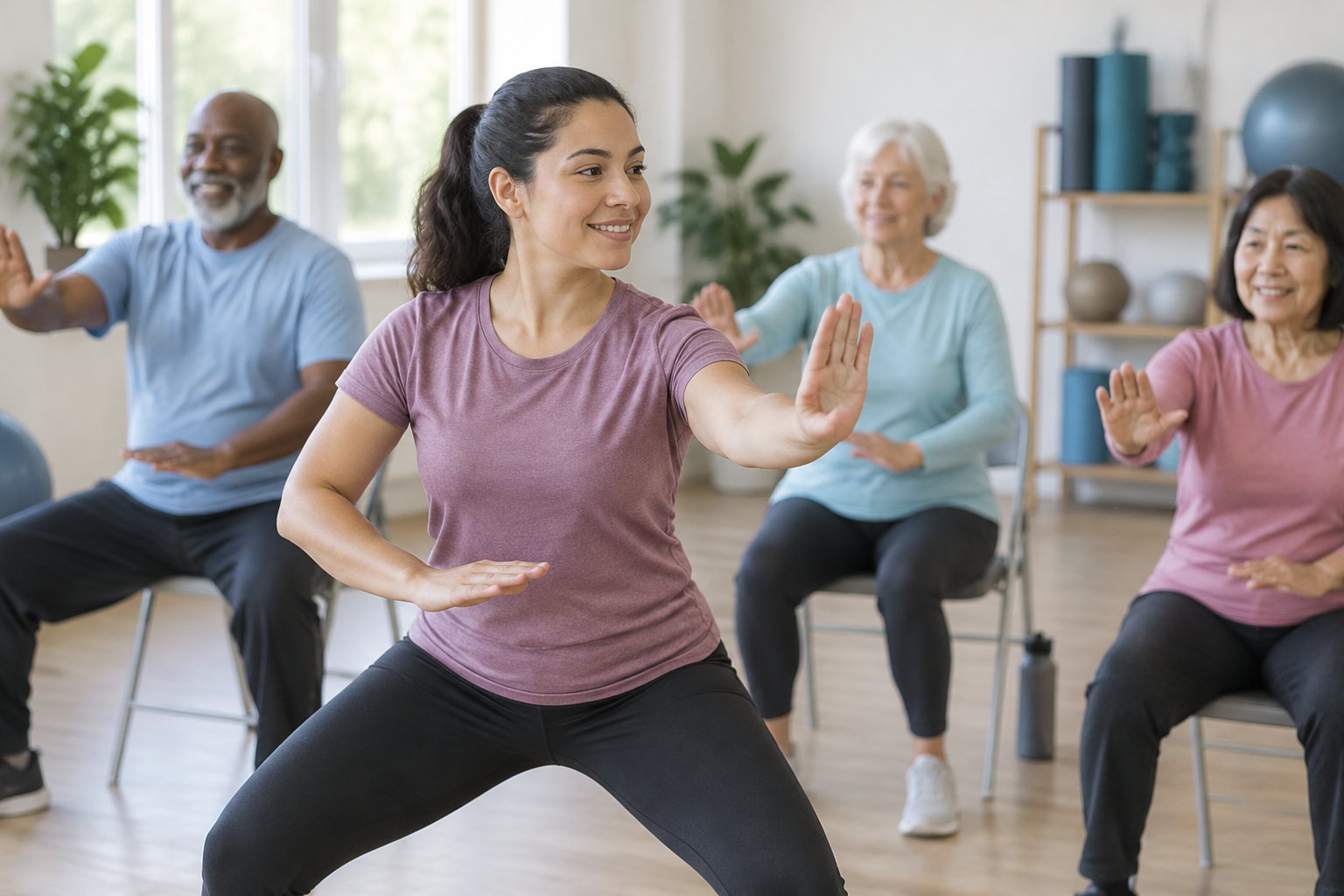 Une instructrice et trois personnes âgées assises sur des chaises pratiquent des mouvements de tai-chi dans une salle lumineuse.