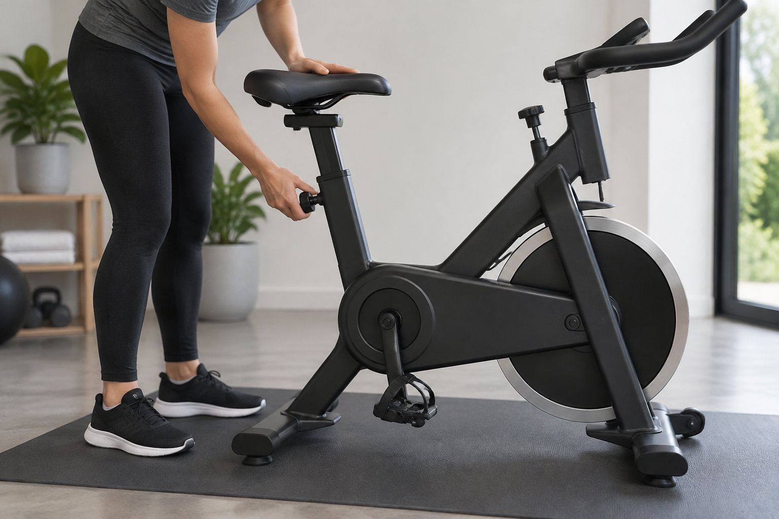 Une personne ajuste la selle d’un vélo d’appartement dans une pièce aménagée pour l’exercice.