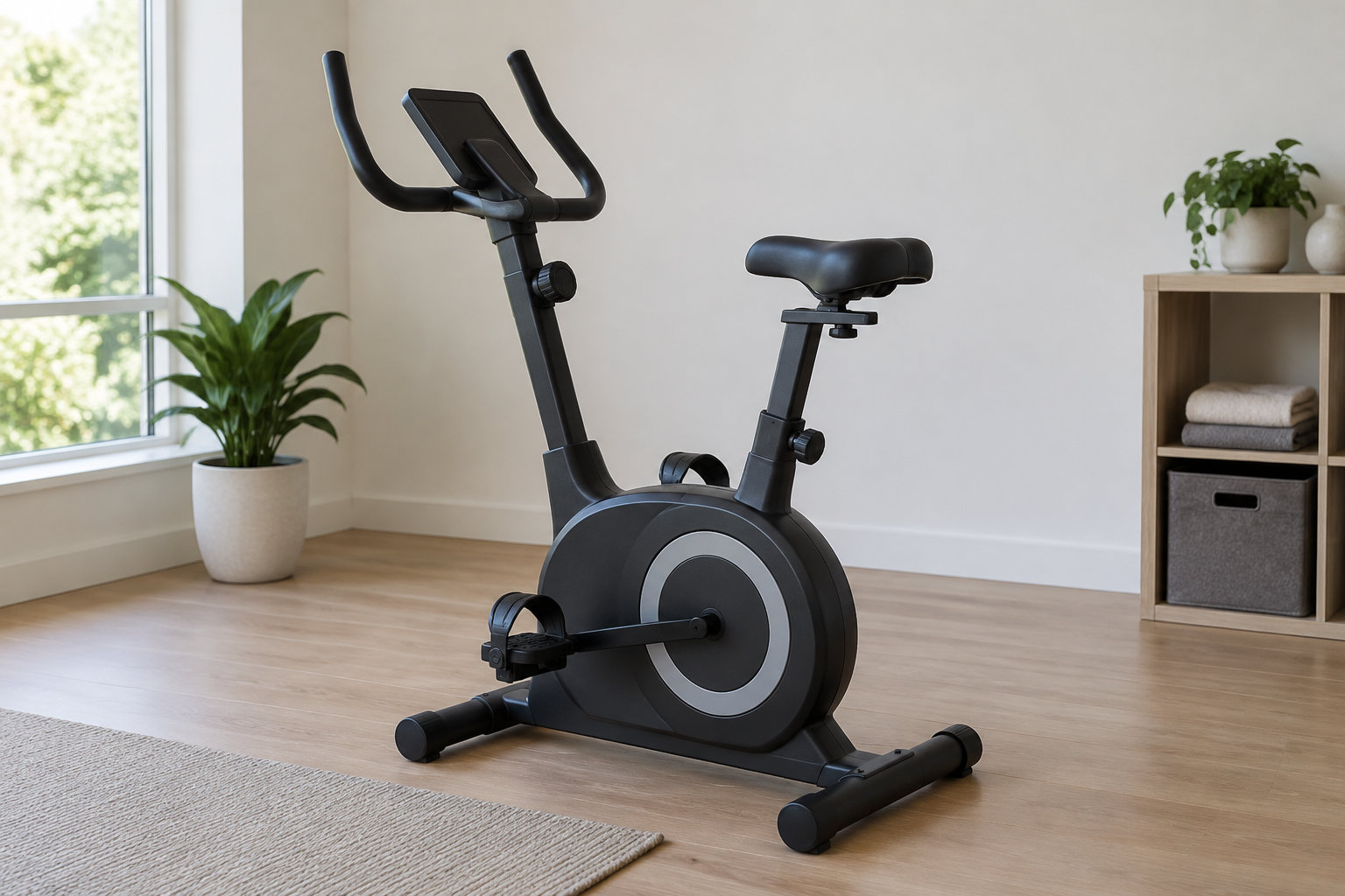 Un vélo d’appartement noir est installé dans une pièce lumineuse avec un parquet, une fenêtre, des plantes et une étagère.