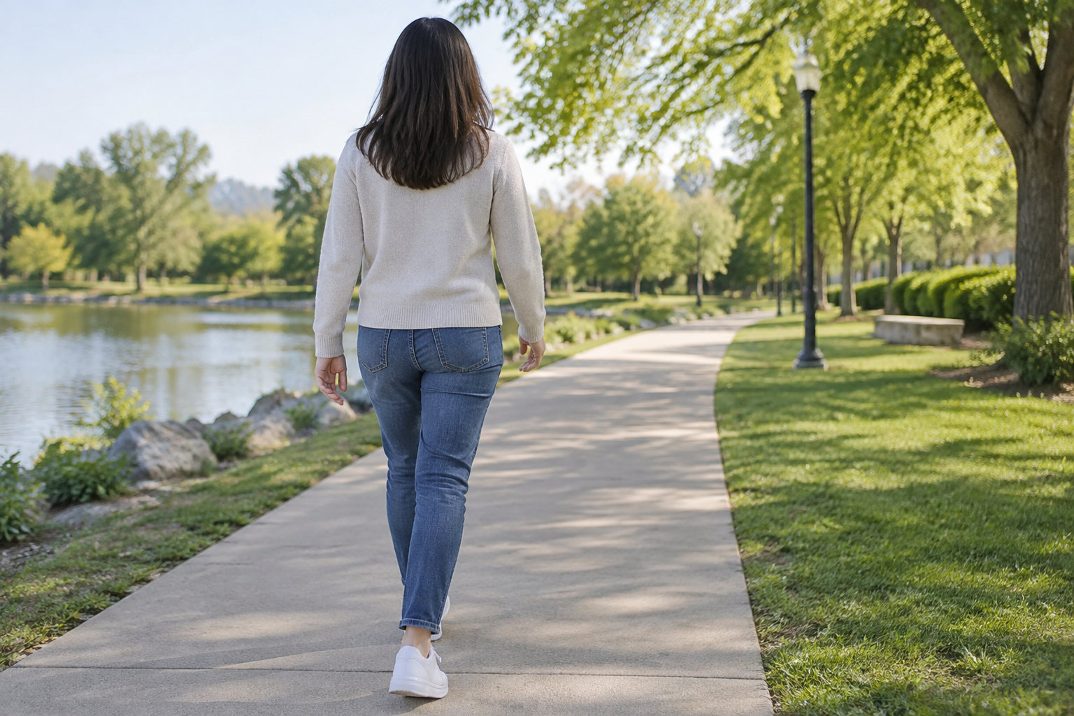 Une femme marche sur un chemin bordé d’arbres, près d’un étang, dans un parc ensoleillé.
