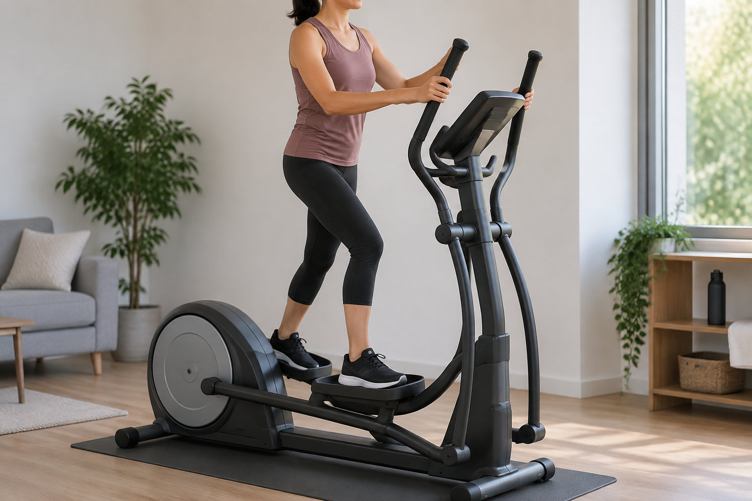 Une femme s’entraîne sur un vélo elliptique dans un salon lumineux.