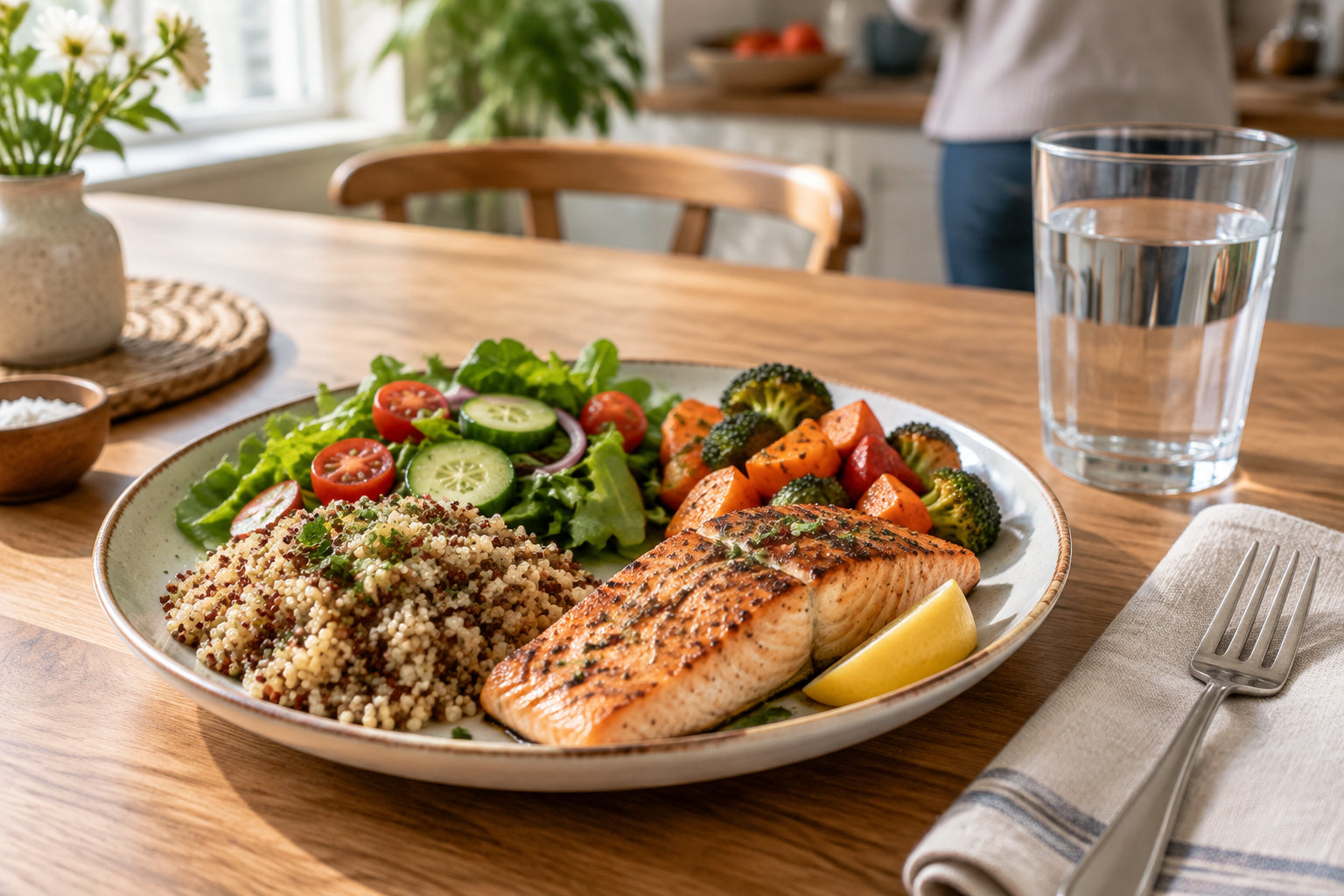 Une assiette de saumon grillé, de semoule, de salade et de légumes rôtis est posée sur une table en bois, avec un verre d’eau et des couverts.