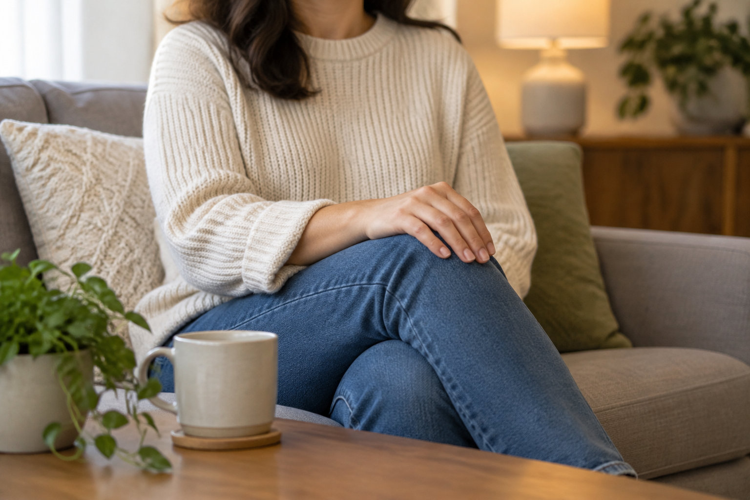 Une femme assise sur un canapé, vêtue d’un pull blanc et d’un jean, pose une main sur son genou près d’une tasse posée sur la table basse.