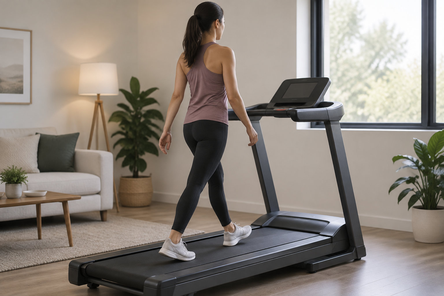 Une femme en tenue de sport marche sur un tapis roulant dans un salon lumineux.