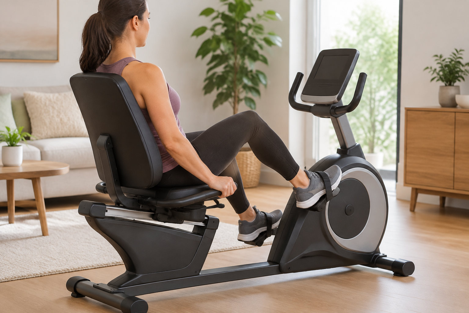 Une femme pédale sur un vélo d’exercice à siège incliné dans un salon lumineux.