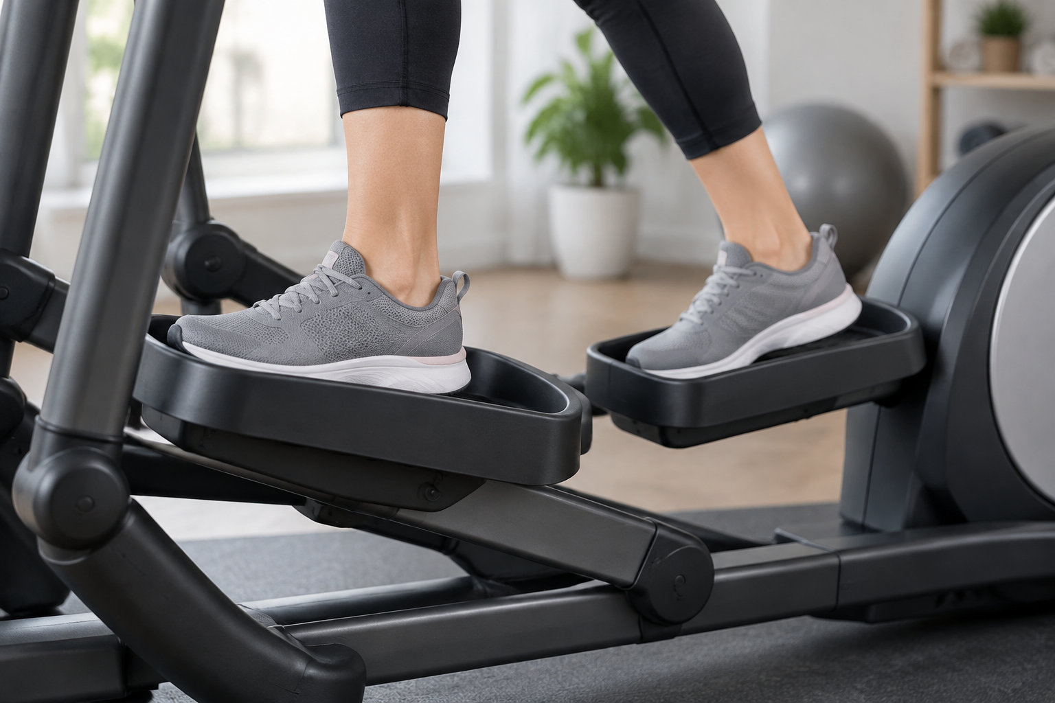 Les jambes d’une personne en leggings noirs et chaussures de sport grises pédalent sur un vélo elliptique dans une pièce lumineuse.